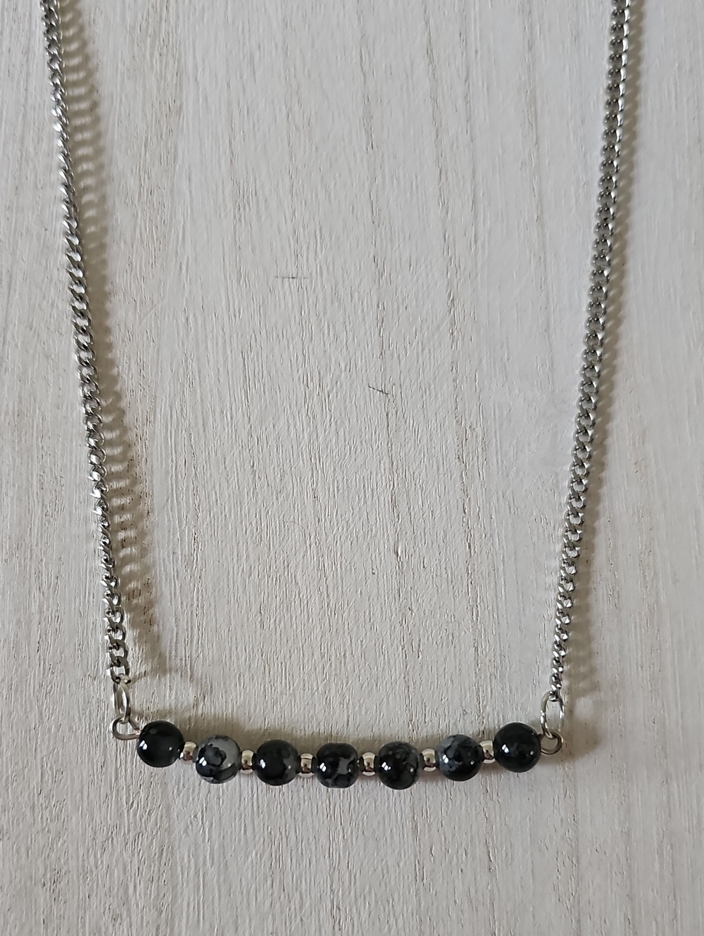 Silver Chain Necklace with Black Glass Splatter Beads